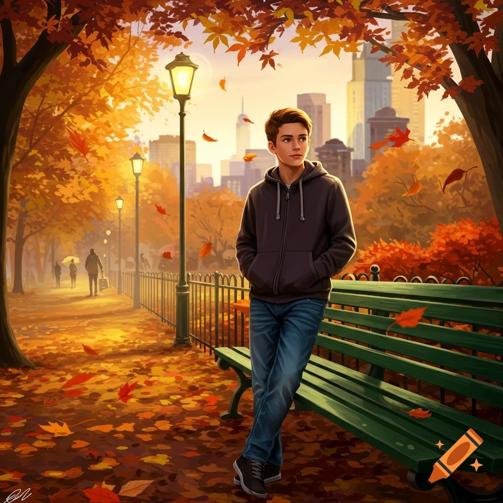 A boy stands by a green park bench amidst fallen autumn leaves, with a city skyline in the background.