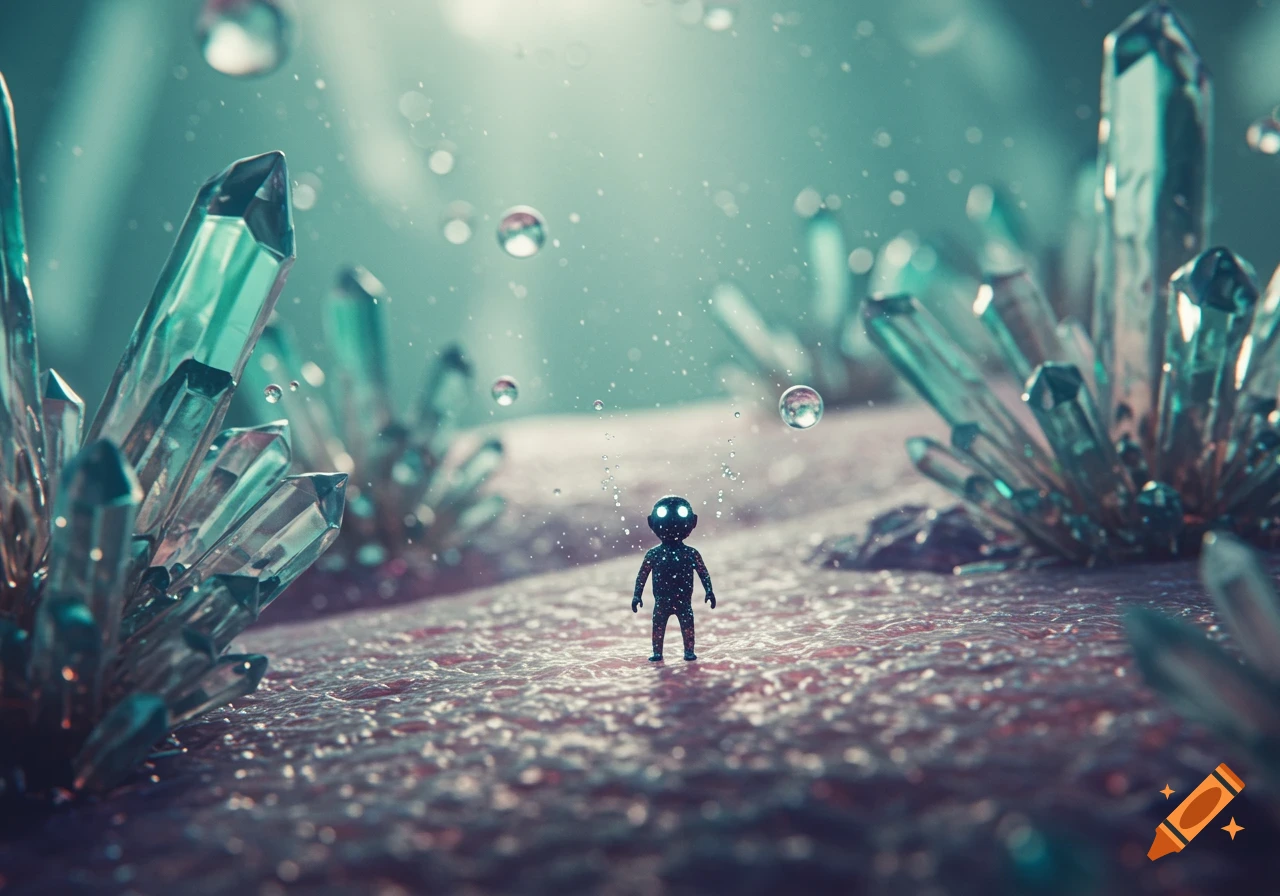 A tiny dark figure with glowing eyes stands amidst large, shimmering blue-green crystals and floating bubbles in an ethereal, otherworldly scene.