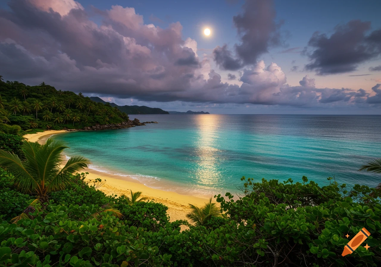 A tropical beach at dusk with a full moon reflecting on calm teal water, surrounded by lush green jungle foliage.