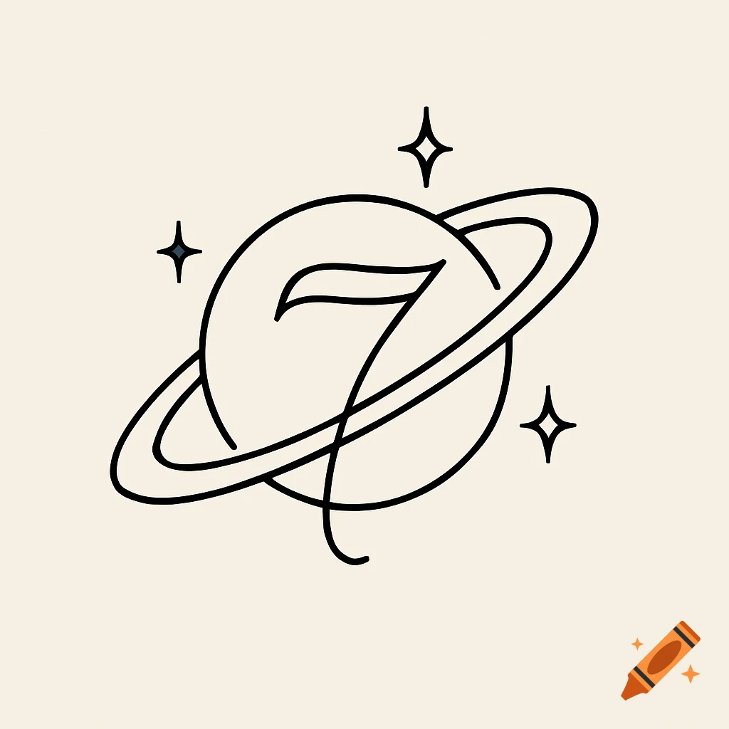 A minimalist line art logo of a planet with rings forming the number 7, accented by stars on a beige background.