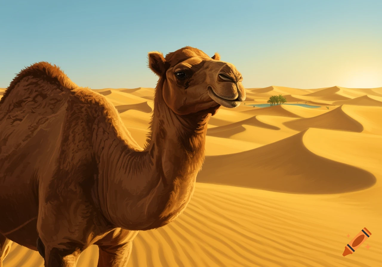 A stylized illustration of a happy camel in a vast desert with sand dunes and a distant oasis.