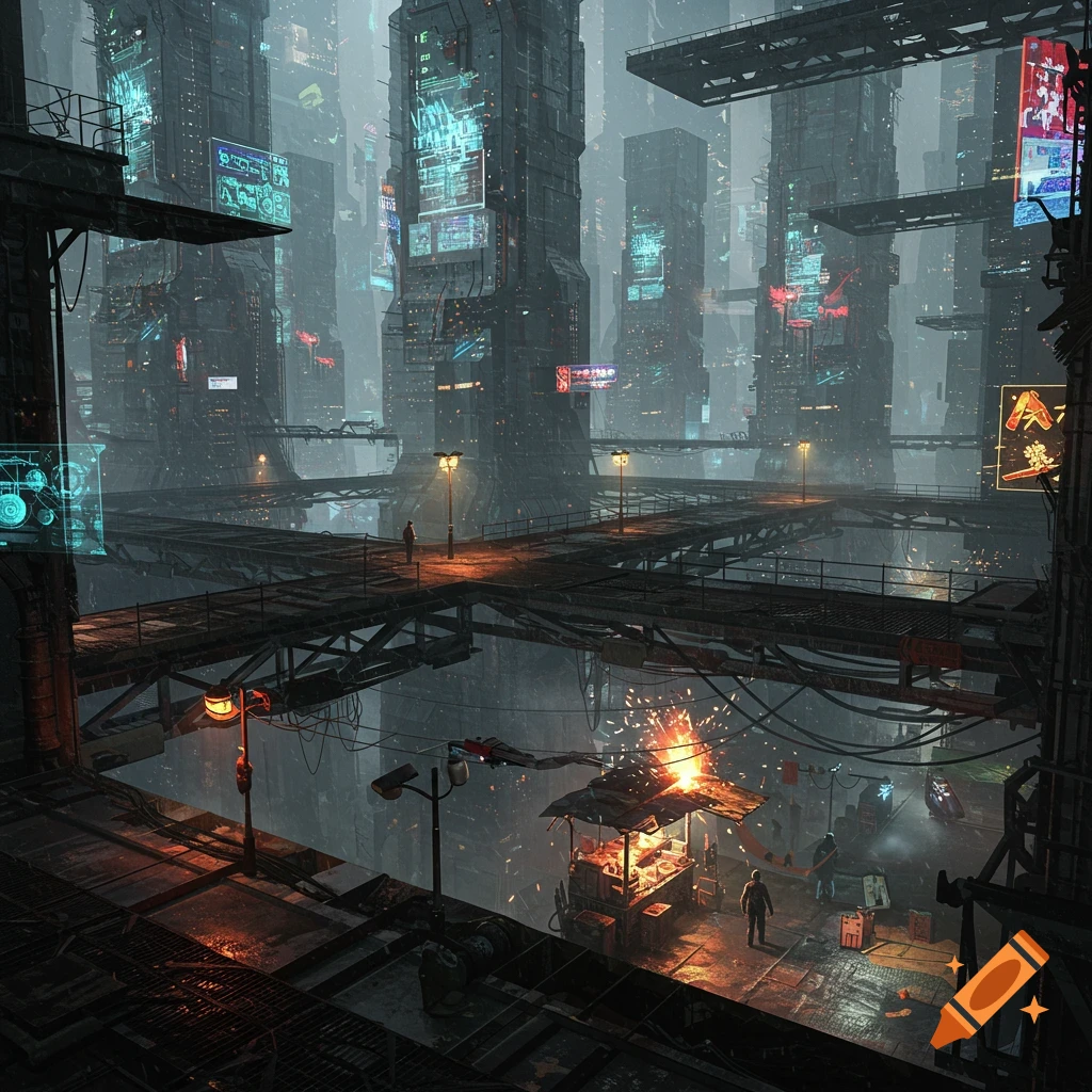 Dark, atmospheric futuristic cityscape with towering industrial buildings, elevated platforms, glowing screens, and a street vendor stall emitting sparks.