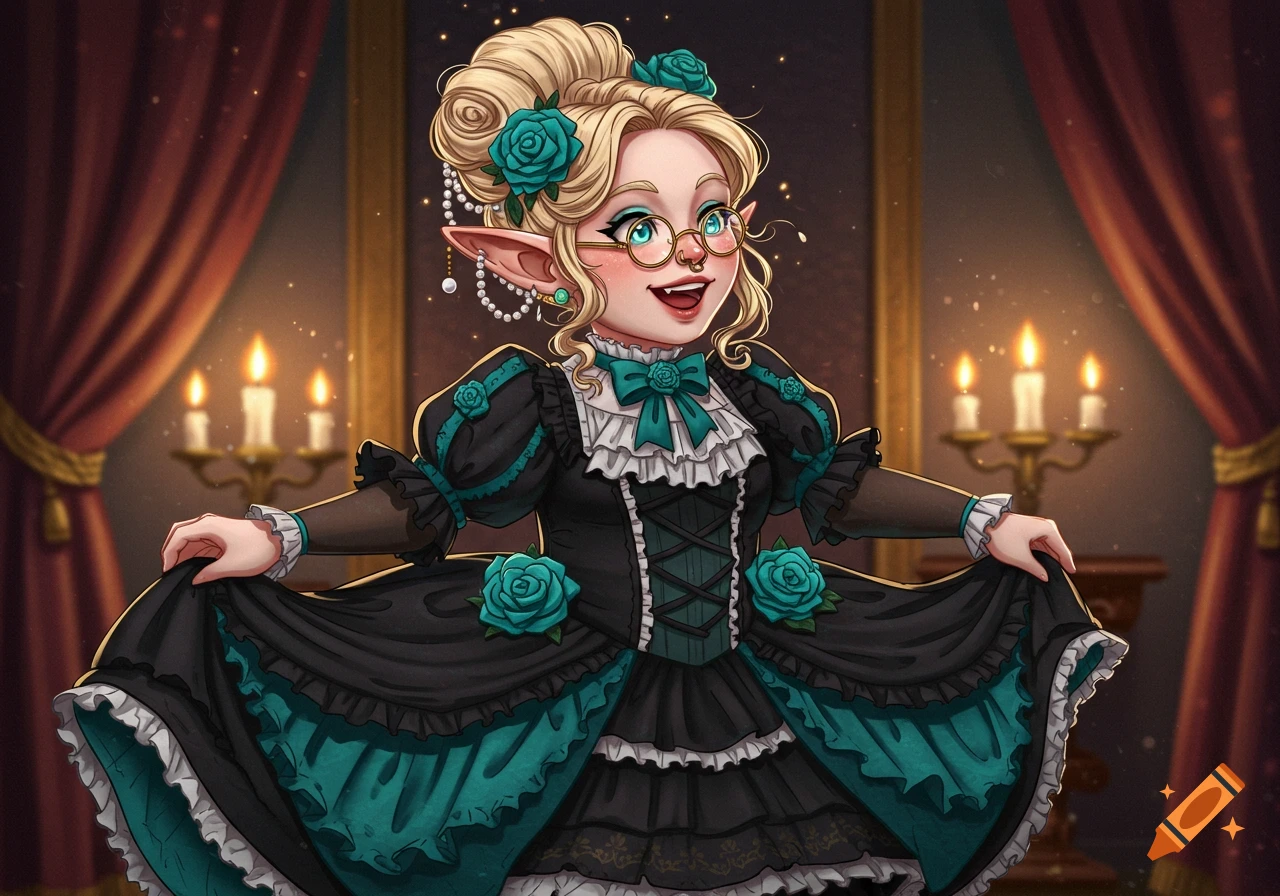 A smiling blonde elf woman in a black and teal Victorian dress with a teased updo, pearl earrings, and glasses, stands in a candlelit room.