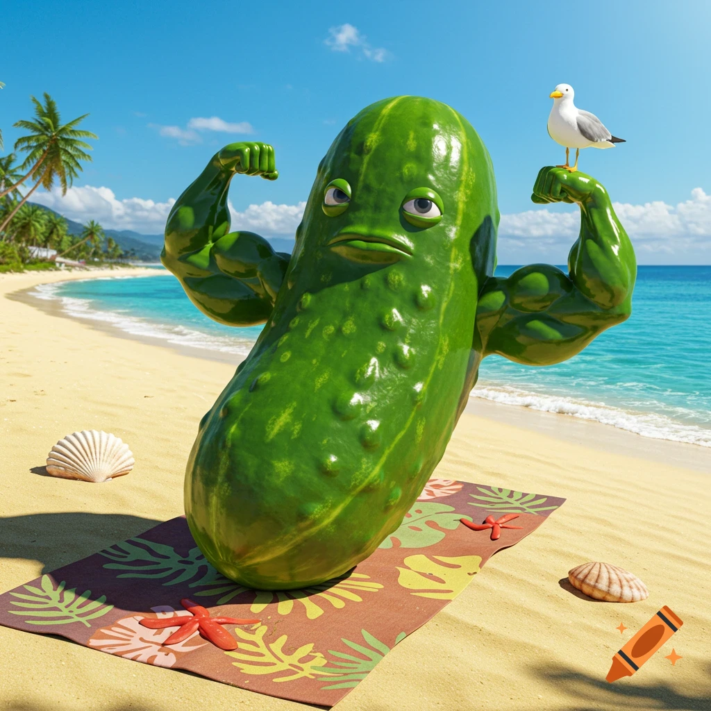 A photorealistic muscular pickle flexing its biceps on a beach towel on a sandy beach, with a seagull perched on its arm.