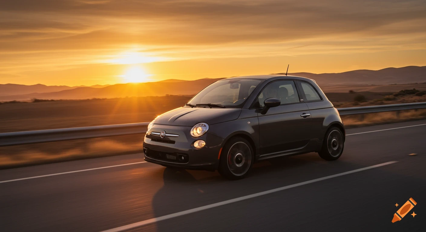 A grey Fiat 500 Sport drives on a highway at sunset, with mountains in the background and warm golden light.