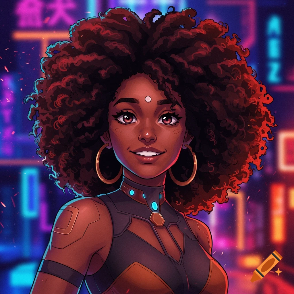 Anime-style portrait of a smiling African American woman with afro hair and golden hoops in a cyberpunk city.