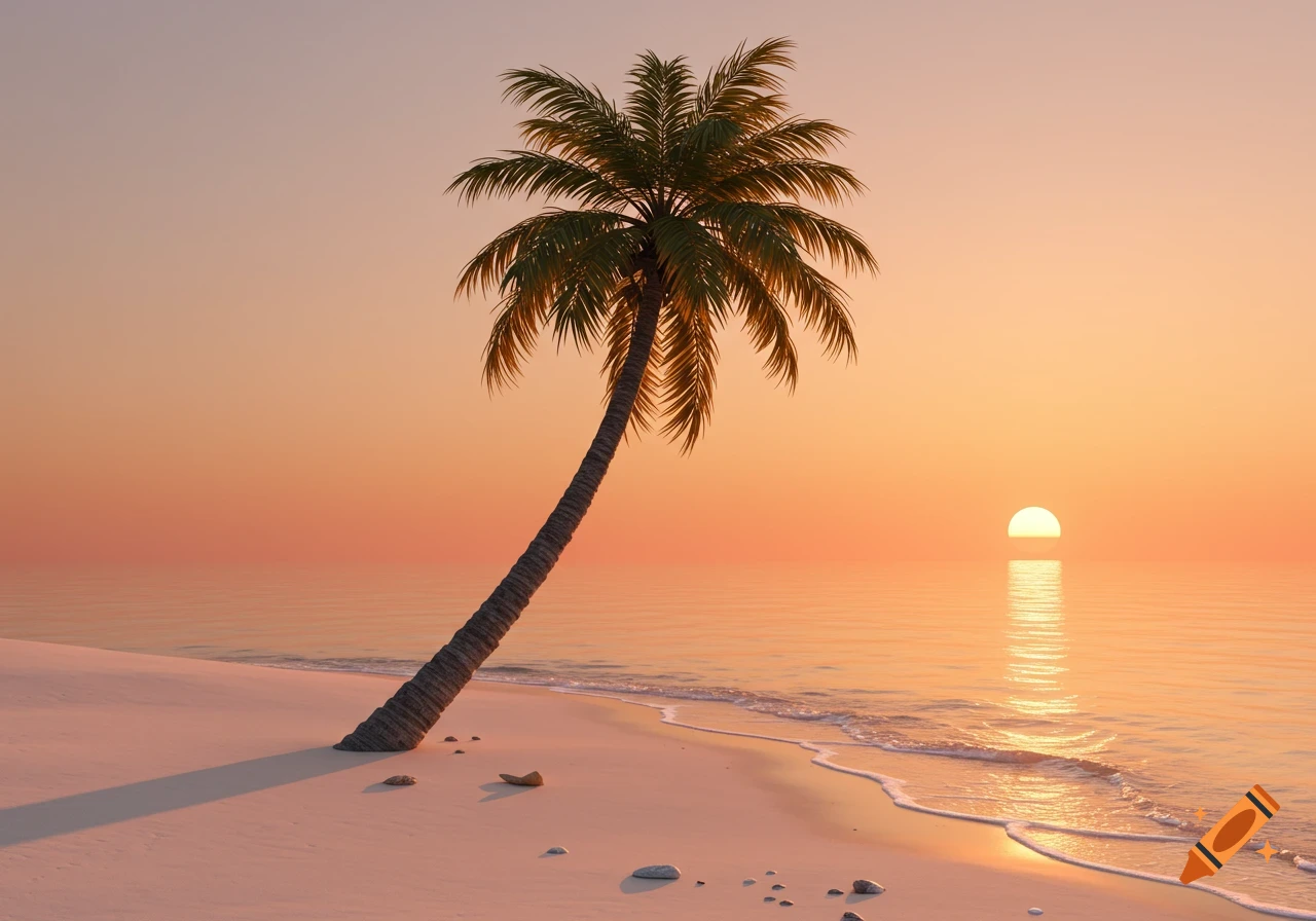 Photorealistic palm tree on a sandy beach at dawn with the sun rising over the ocean.