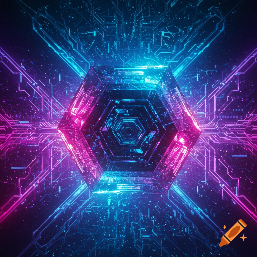 A glowing neon blue and pink hexagonal tunnel with intricate circuit board patterns extending into the distance.