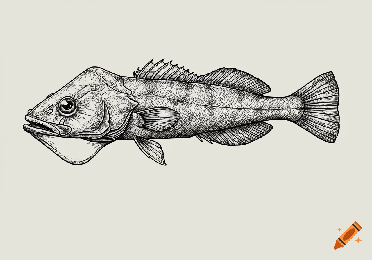 A detailed black and white drawing of an Australian flathead fish.