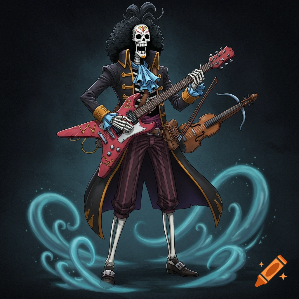 An anime-style skeleton bard in a long coat plays a red electric guitar with a violin on his side.