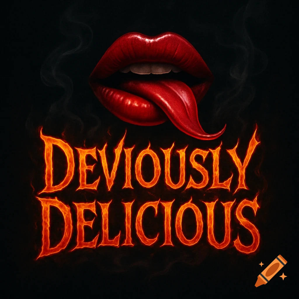 Stylized illustration of red lips with a tongue sticking out, above fiery orange text that reads 'Deviously Delicious' on a dark background with smoke.