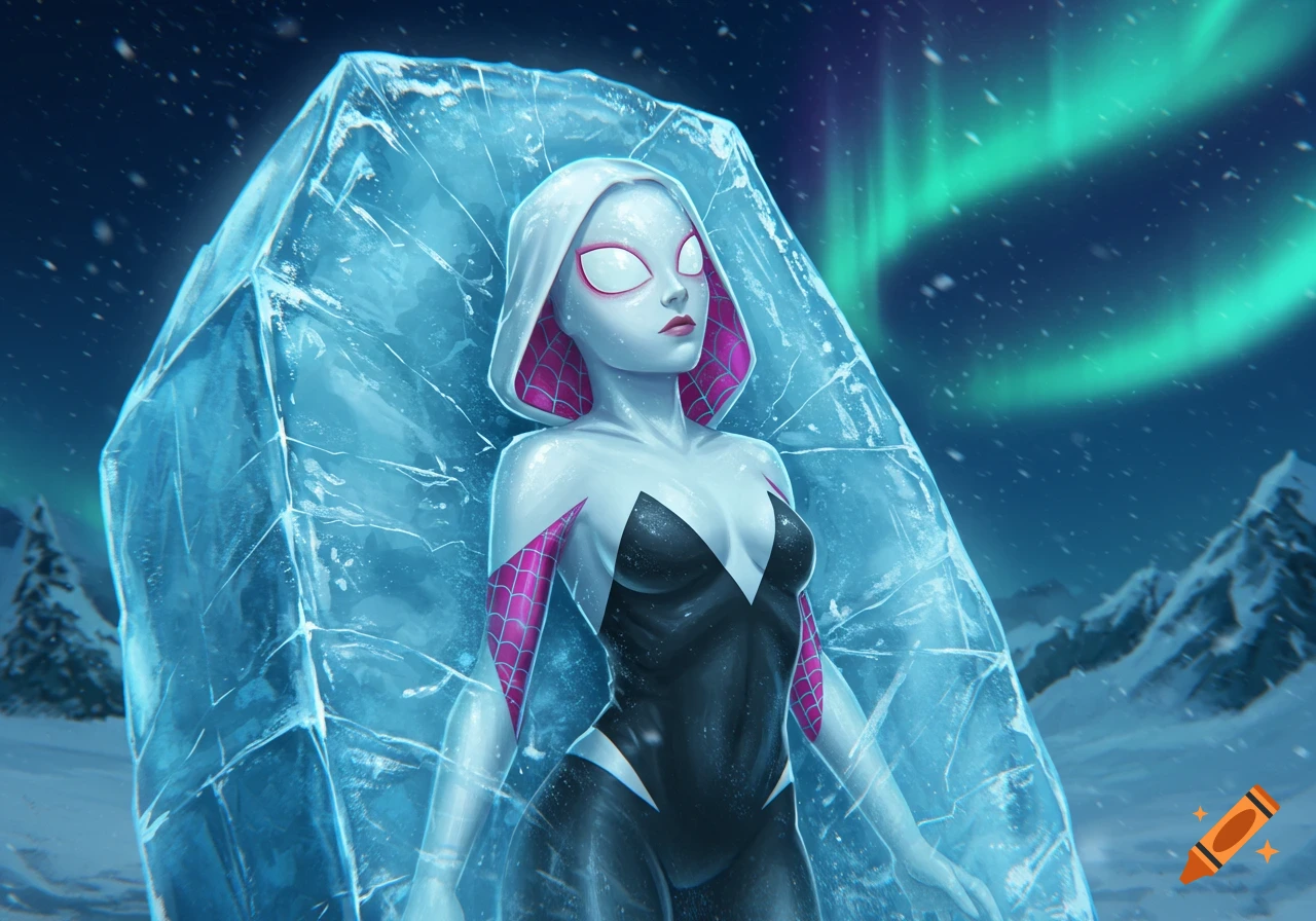 An illustration of unmasked Spider-Gwen frozen inside a large block of ice in a snowy landscape under a sky with green northern lights.