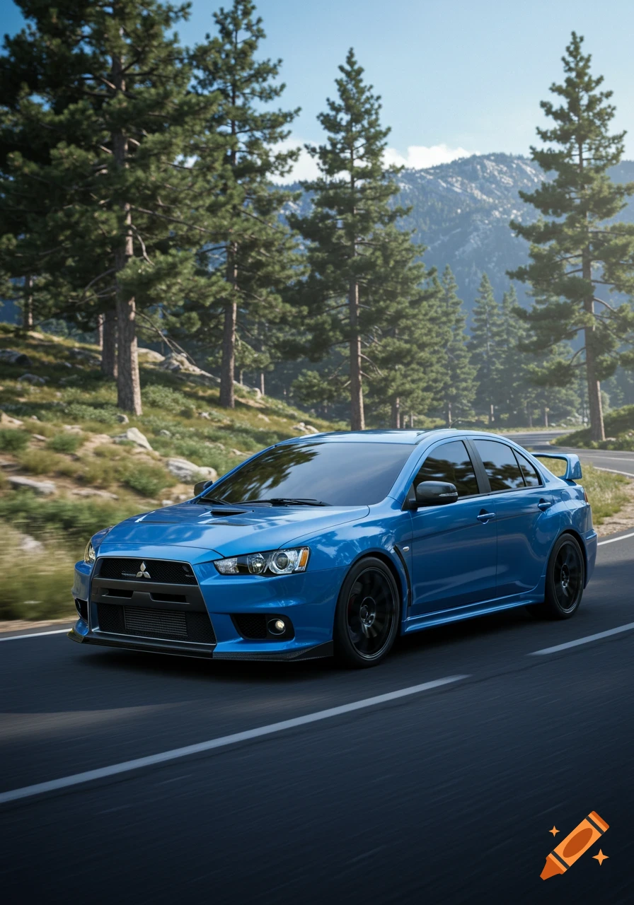 A blue Mitsubishi Lancer Evolution X drives on a paved road through a mountainous forest on a sunny day.