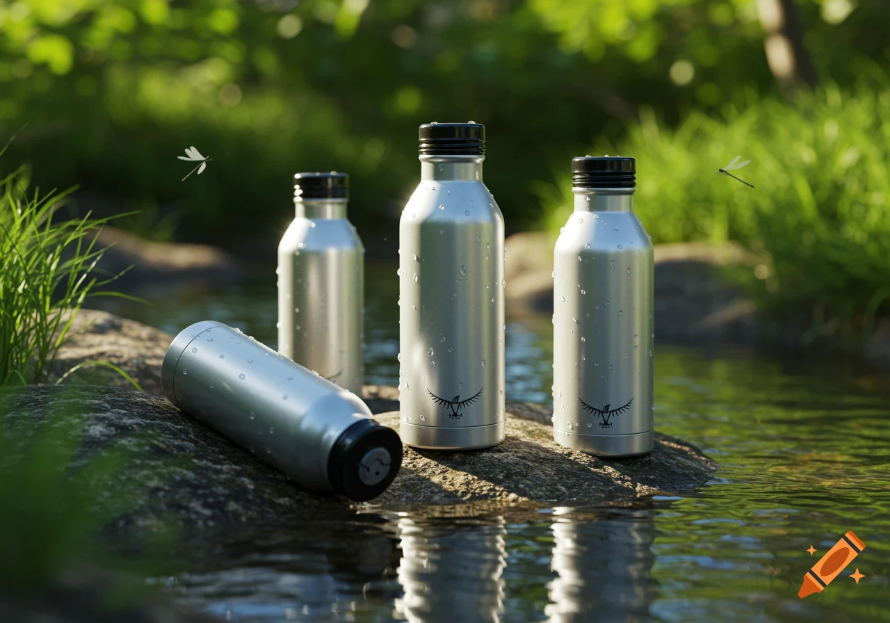 Four silver water bottles with water droplets, some standing on a rock by a stream, one lying down. Two dragonflies hover nearby in a lush green natural setting.