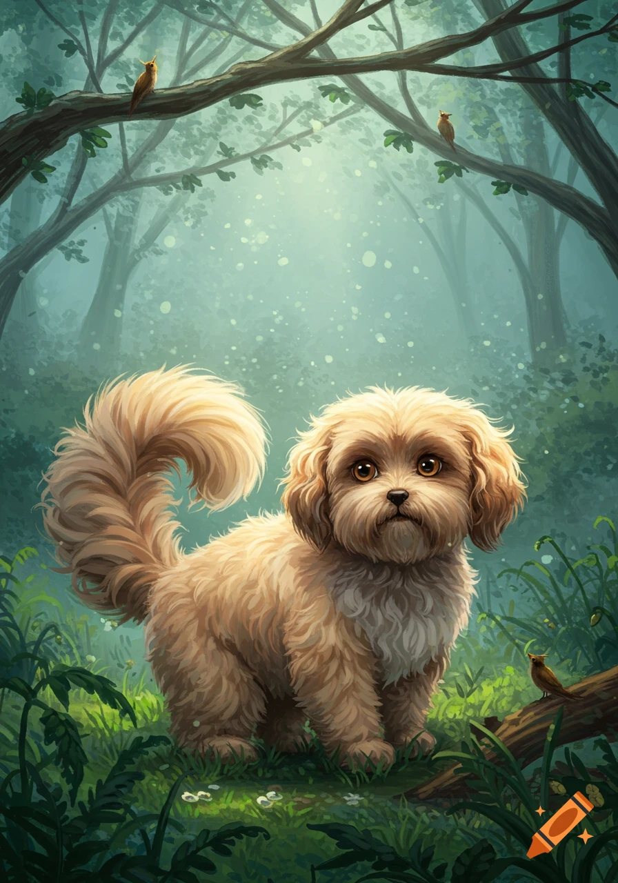 A fluffy golden dog with large brown eyes stands in a lush green forest with misty light and birds on branches, in a digital painting style.