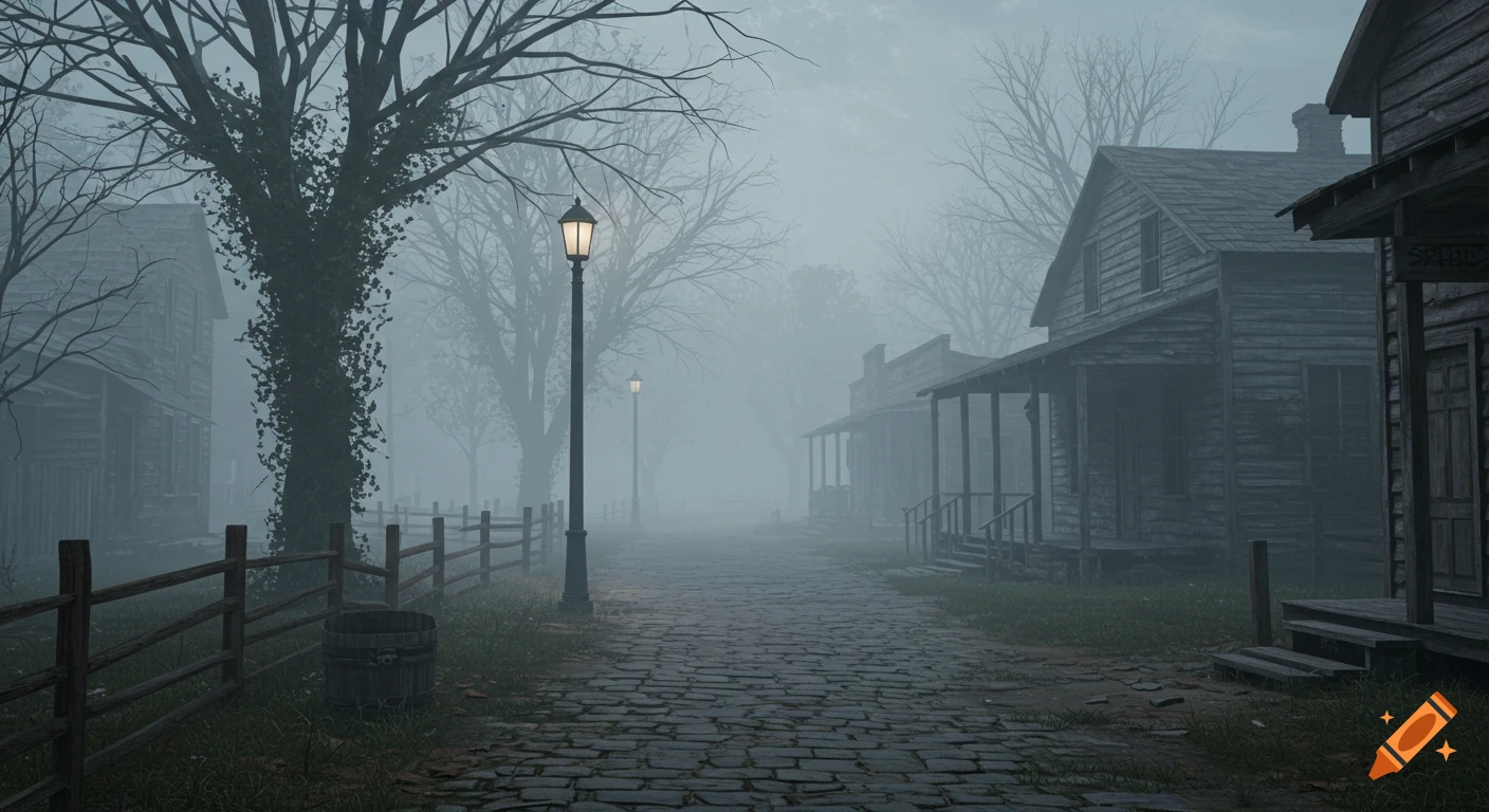 A moody, foggy cobblestone street in an abandoned town, lined with old wooden houses and bare trees, lit by a lone streetlamp, in a photorealistic style.