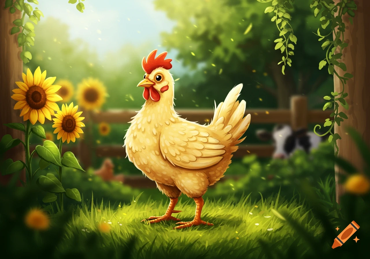 A cheerful cartoon chicken stands in a sunlit green field with sunflowers in the background, in an illustrative style.