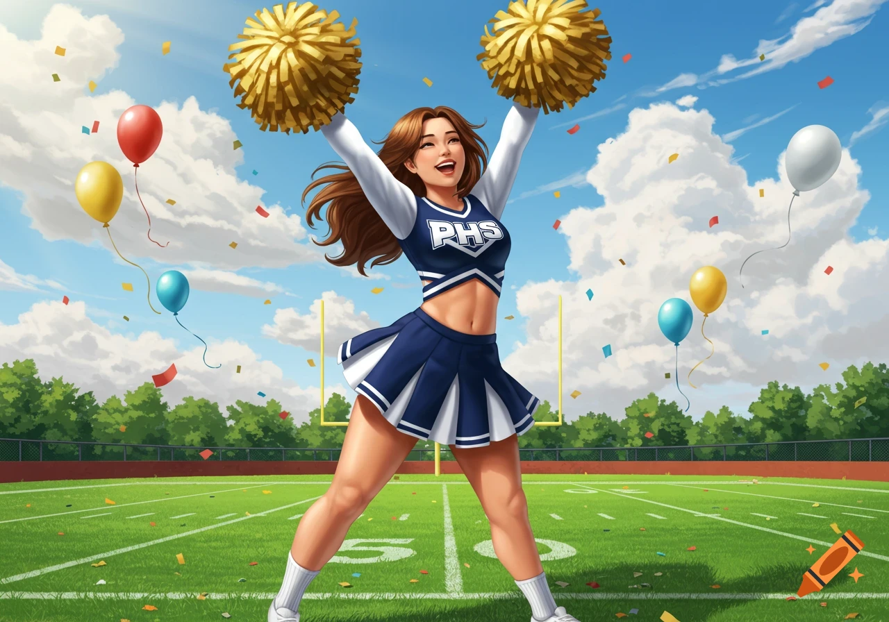 A cheerful cartoon cheerleader in a blue and white uniform with pom-poms stands on a football field under a sunny sky with confetti and balloons.