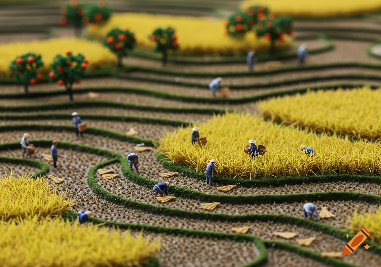 Miniature diorama of farmers in terraced rice fields with small orange trees, in a tilt-shift photography style.