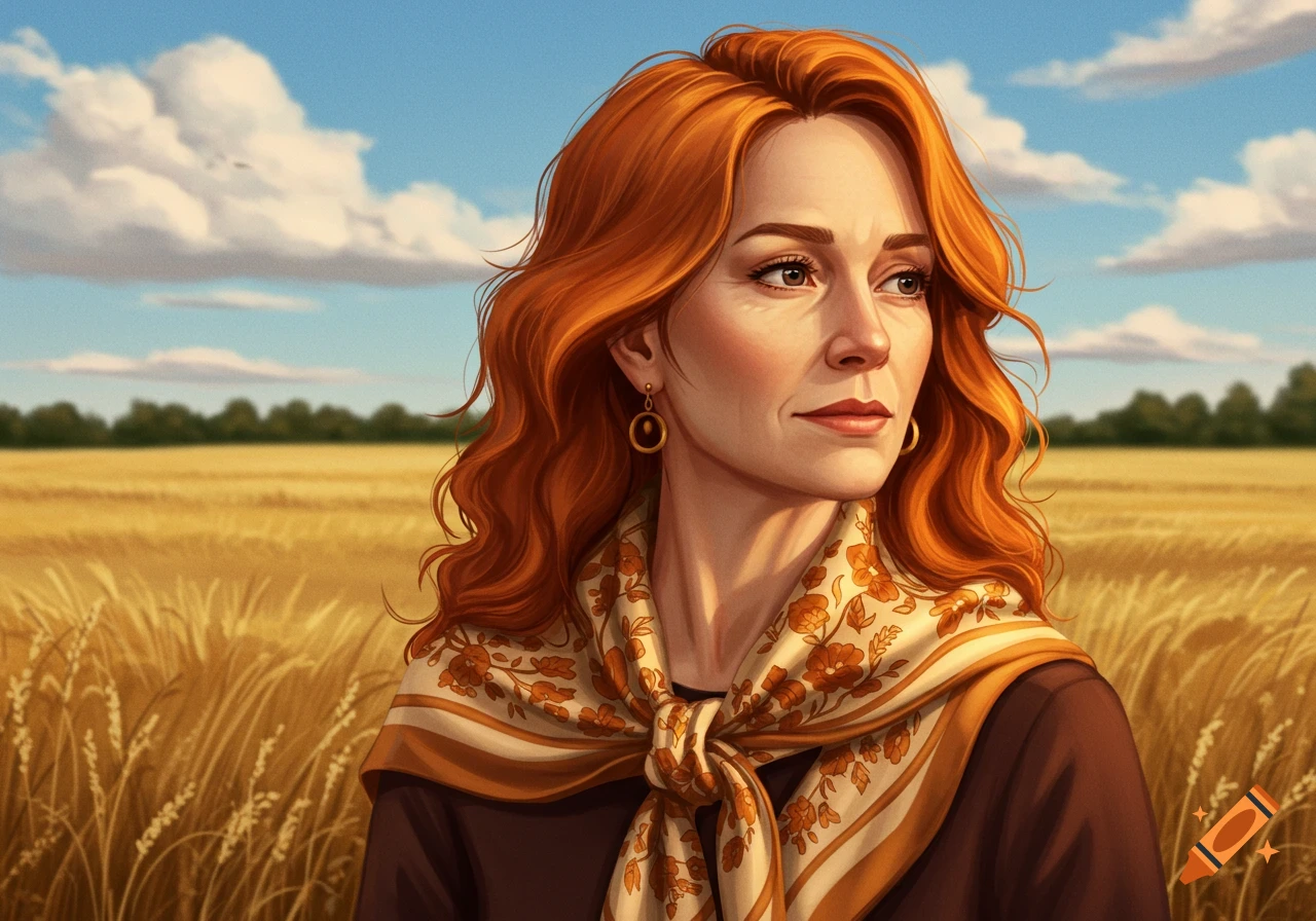 A digital art portrait of a red-haired woman wearing a patterned scarf, looking to the right in a golden wheat field under a blue sky.