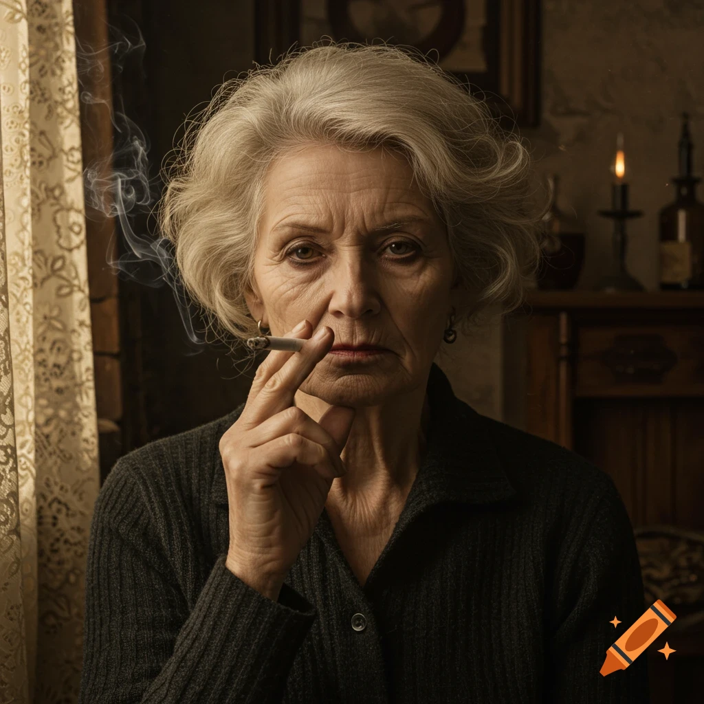 Photorealistic portrait of an elderly woman with grey hair smoking a cigarette indoors, looking directly at the viewer.