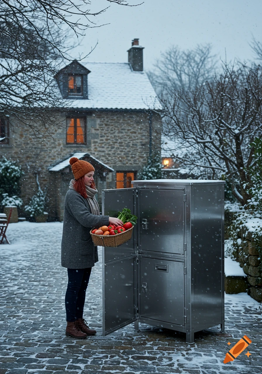 Woman in winter coat and hat puts basket of vegetables into a steel outdoor locker during snowfall in front of a stone house.