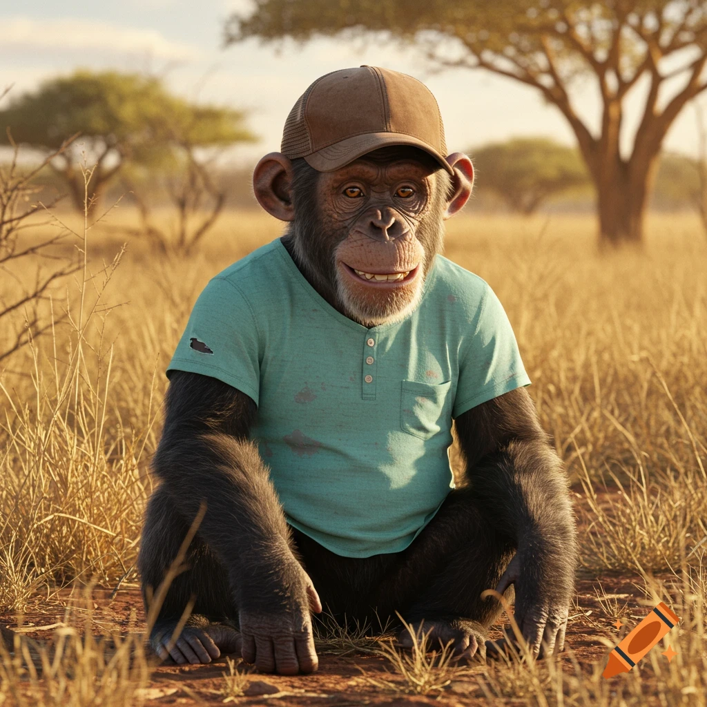 A photorealistic chimpanzee wearing a mint green t-shirt and a brown baseball cap sits in a grassy field.