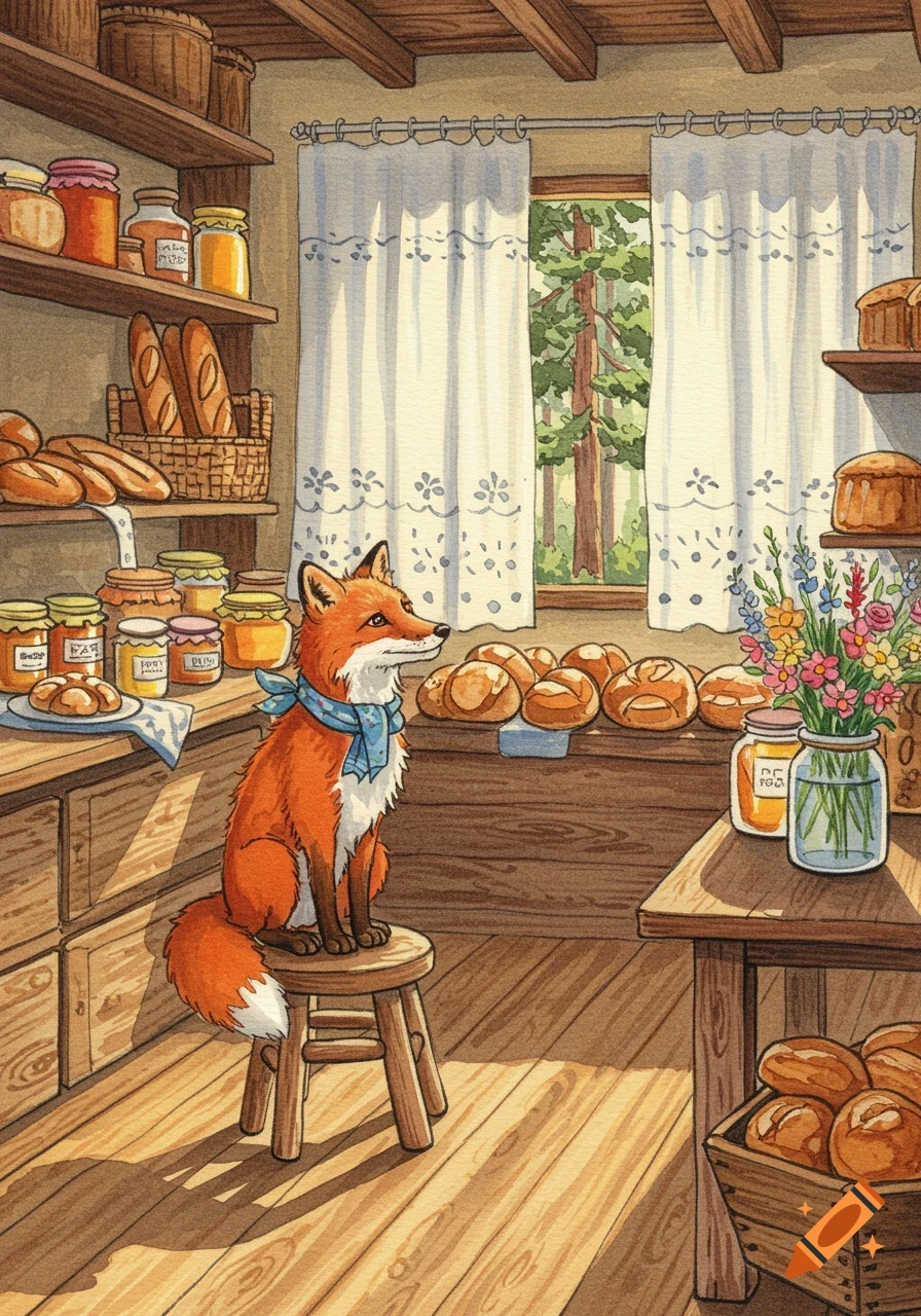A watercolor illustration of a fox wearing a blue scarf, sitting on a wooden stool in a cozy forest bakery filled with bread and jars of honey.
