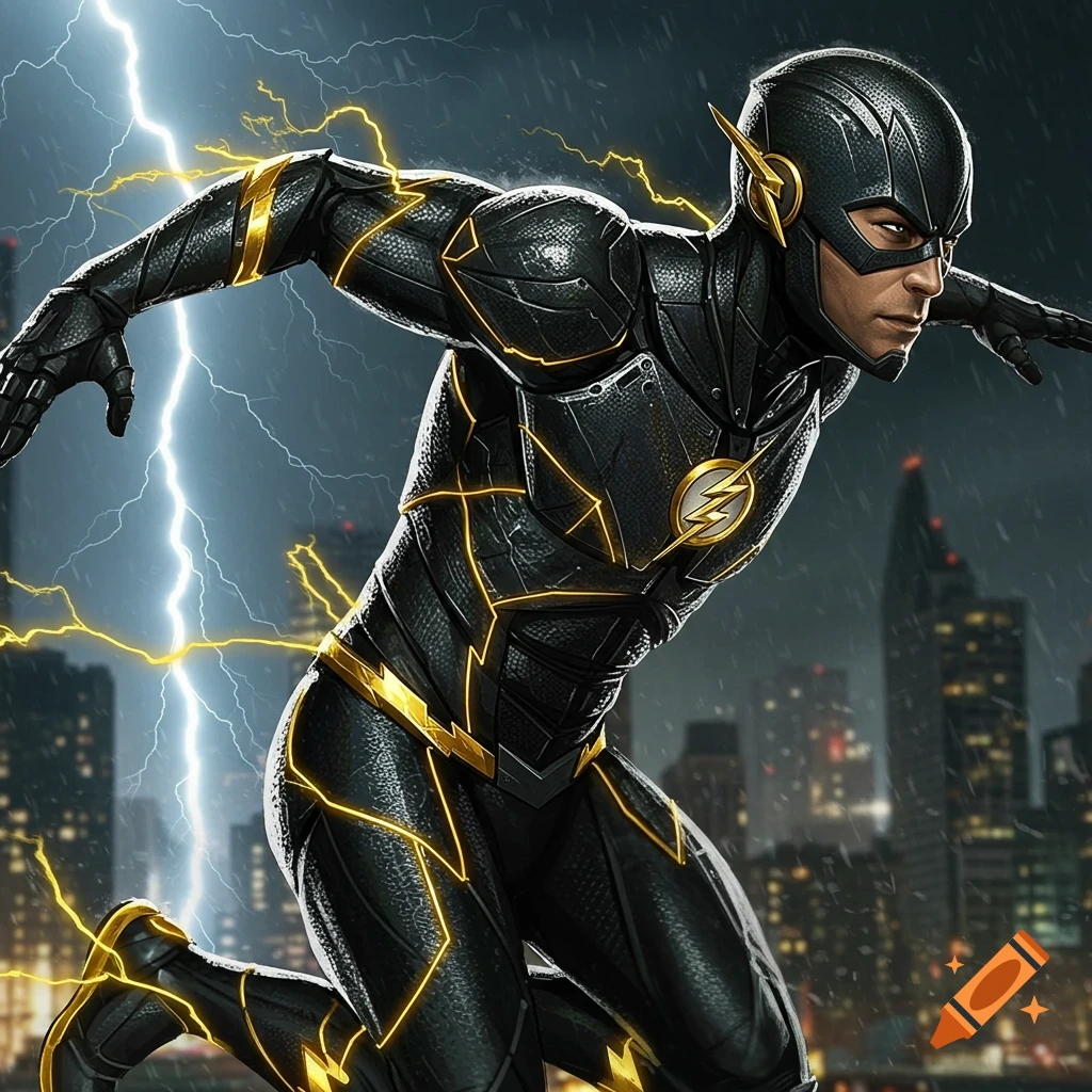 The Flash in a dark suit with gold lightning accents running through a rainy city with lightning strikes.