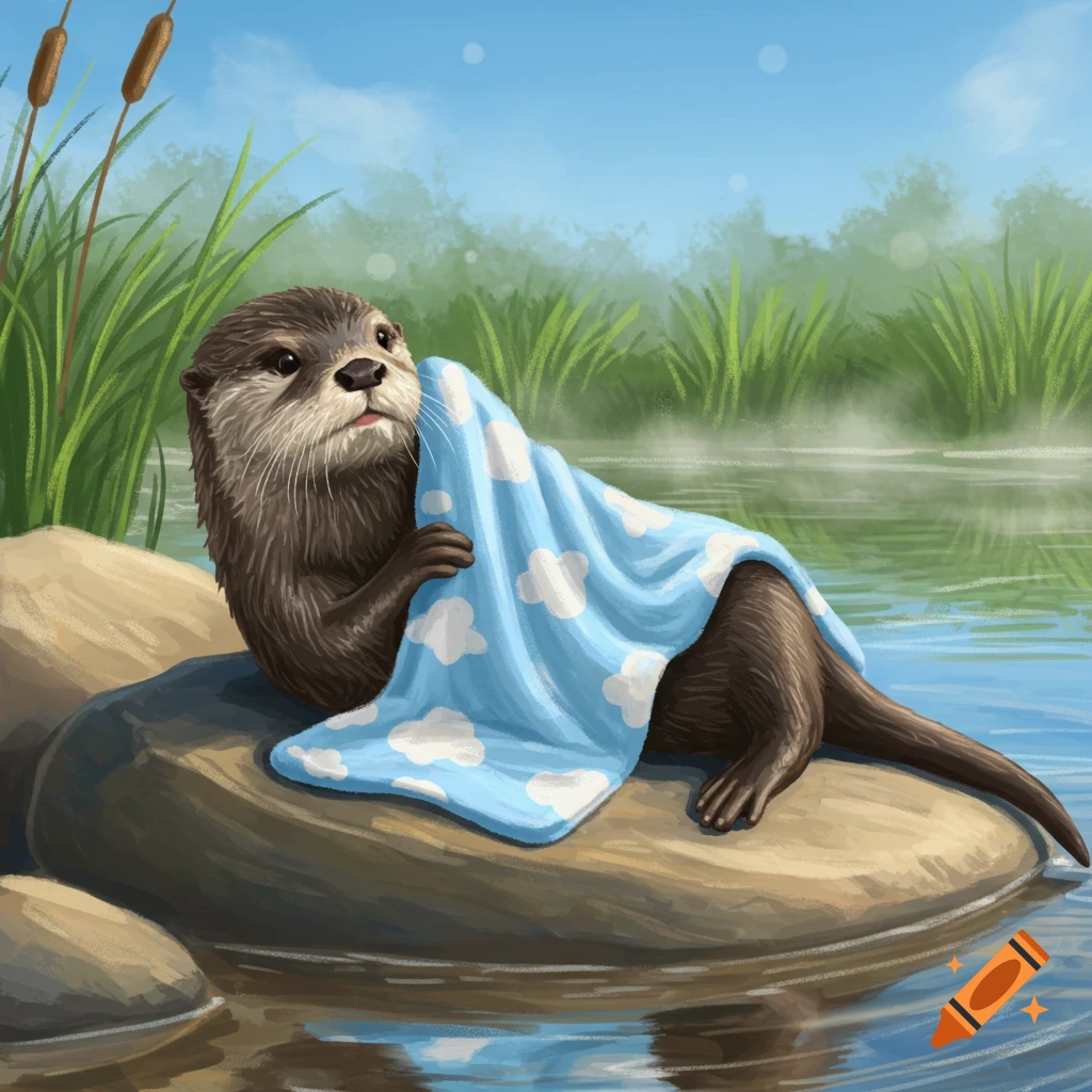 An otter wrapped in a blue blanket with white clouds sits on a rock by a river with green reeds.