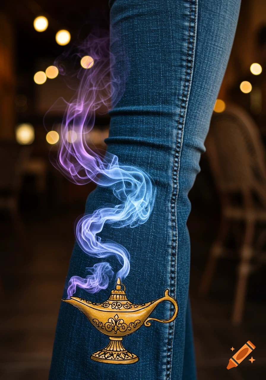 Close-up of a person wearing blue bootcut jeans with a golden genie lamp emitting purple and blue smoke on the leg.