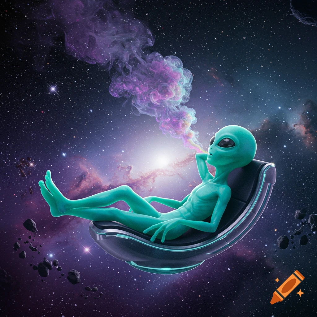 A green alien reclines in a futuristic chair in deep space, smoking colorful purple and pink smoke. Asteroids float nearby.