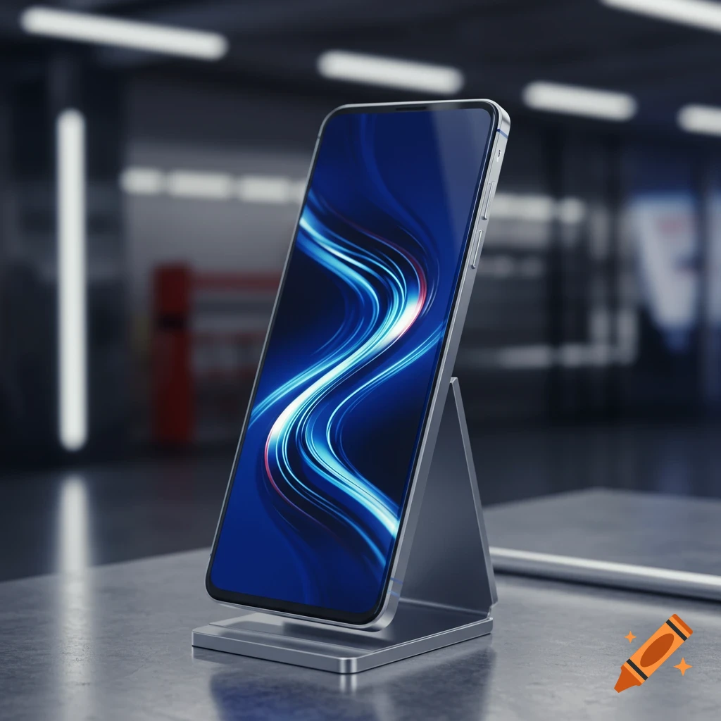 A modern silver smartphone stands upright on a sleek stand, displaying a dynamic blue and red abstract pattern on its screen.