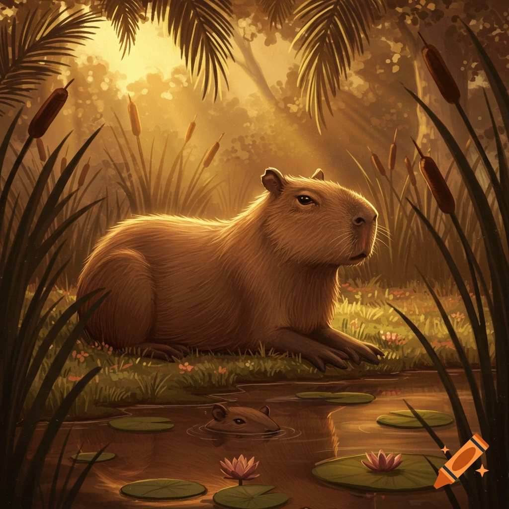 A large capybara rests by a pond with a smaller one in the water, surrounded by lush plants and golden sunlight.