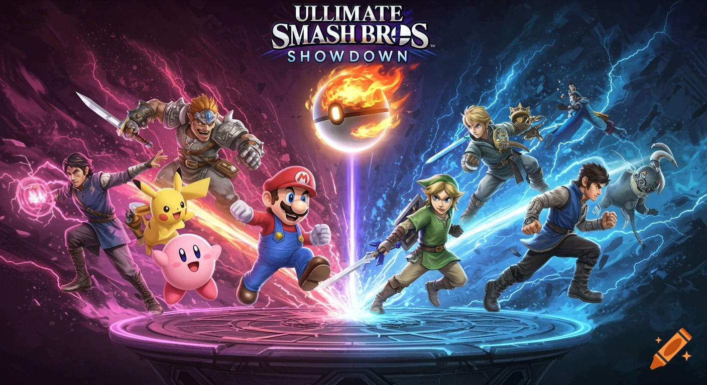 A colorful video game poster featuring characters like Mario, Link, Pikachu, and Kirby in an action scene, with the title 'Ultimate Smash Bros Showdown' at the top.