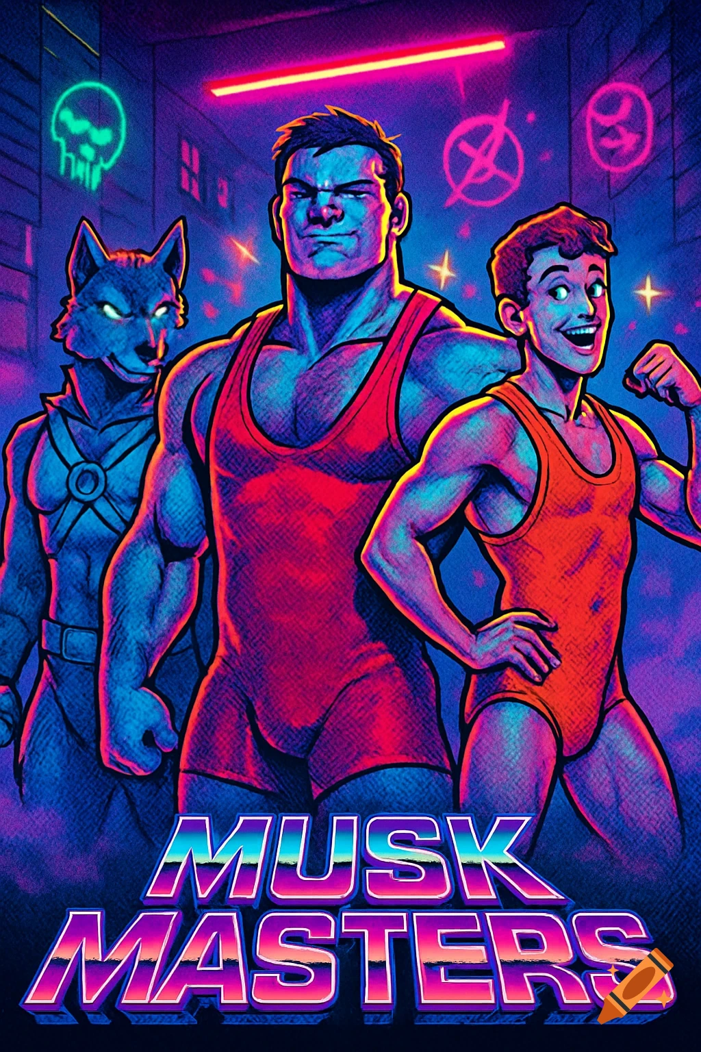 A vibrant comic art style poster for 'MUSK MASTERS' featuring a muscular man, a lean man, and an anthropomorphic wolf in wrestling singlets under neon lights.