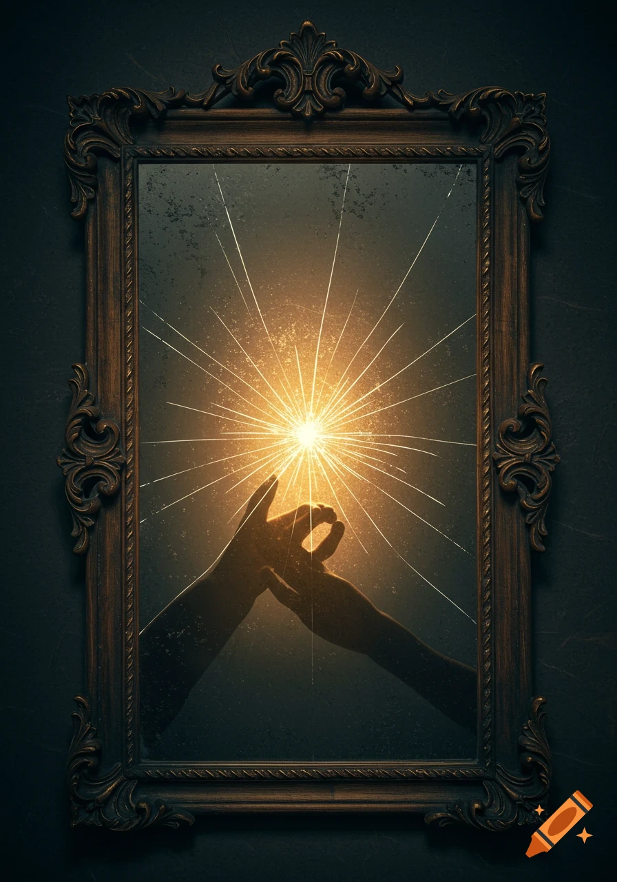 An ornate antique mirror with a cracked surface radiating golden light from its center. Silhouetted hands reach towards the light within the mirror. Dark, cinematic background.