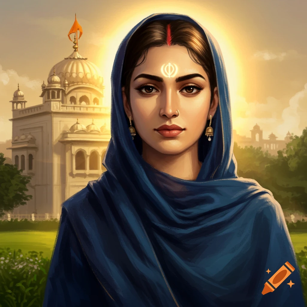 A beautiful Sikh woman wearing a blue headscarf and bindi, with a Khanda symbol on her forehead, stands in front of a glowing temple.