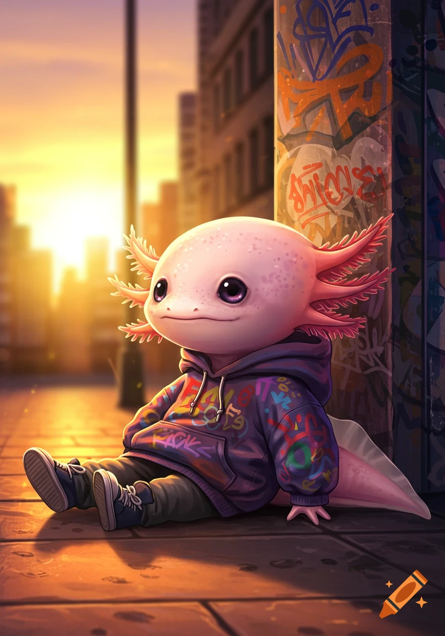 A cute, cartoon axolotl in a purple hoodie and pants sits on a city sidewalk at sunset, leaning against a graffiti-covered pole.
