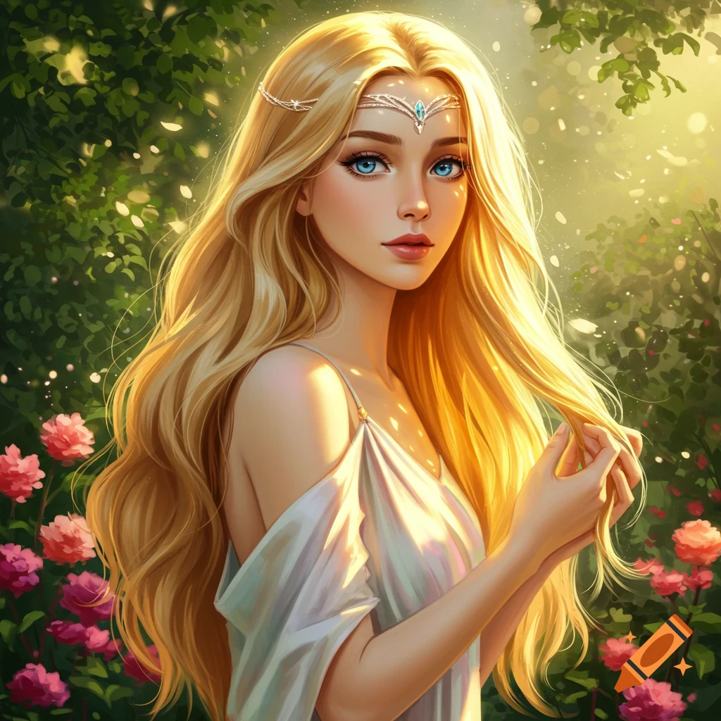 A beautiful blonde girl with long, flowing hair and blue eyes wears a white gown and a delicate tiara, standing in a lush, sunlit garden.