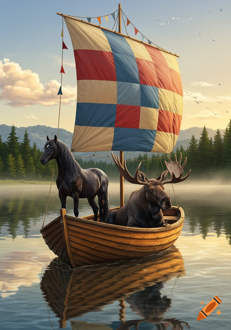 A horse and a moose sail a small wooden boat with a checkered sail across a misty lake at sunrise.