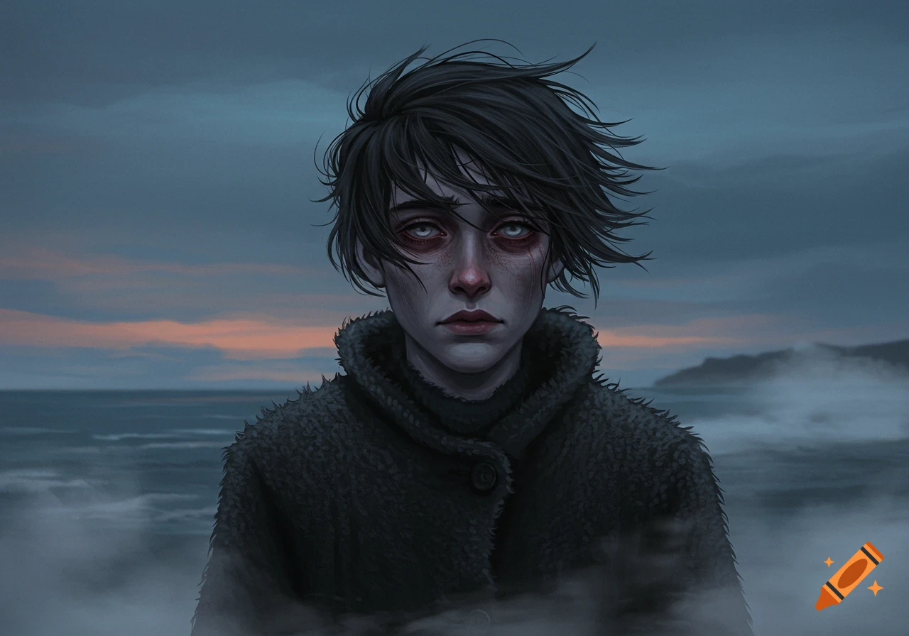 A melancholy person with dark hair and red-rimmed eyes looks forward, wearing a dark coat against a gloomy ocean and sunset sky.