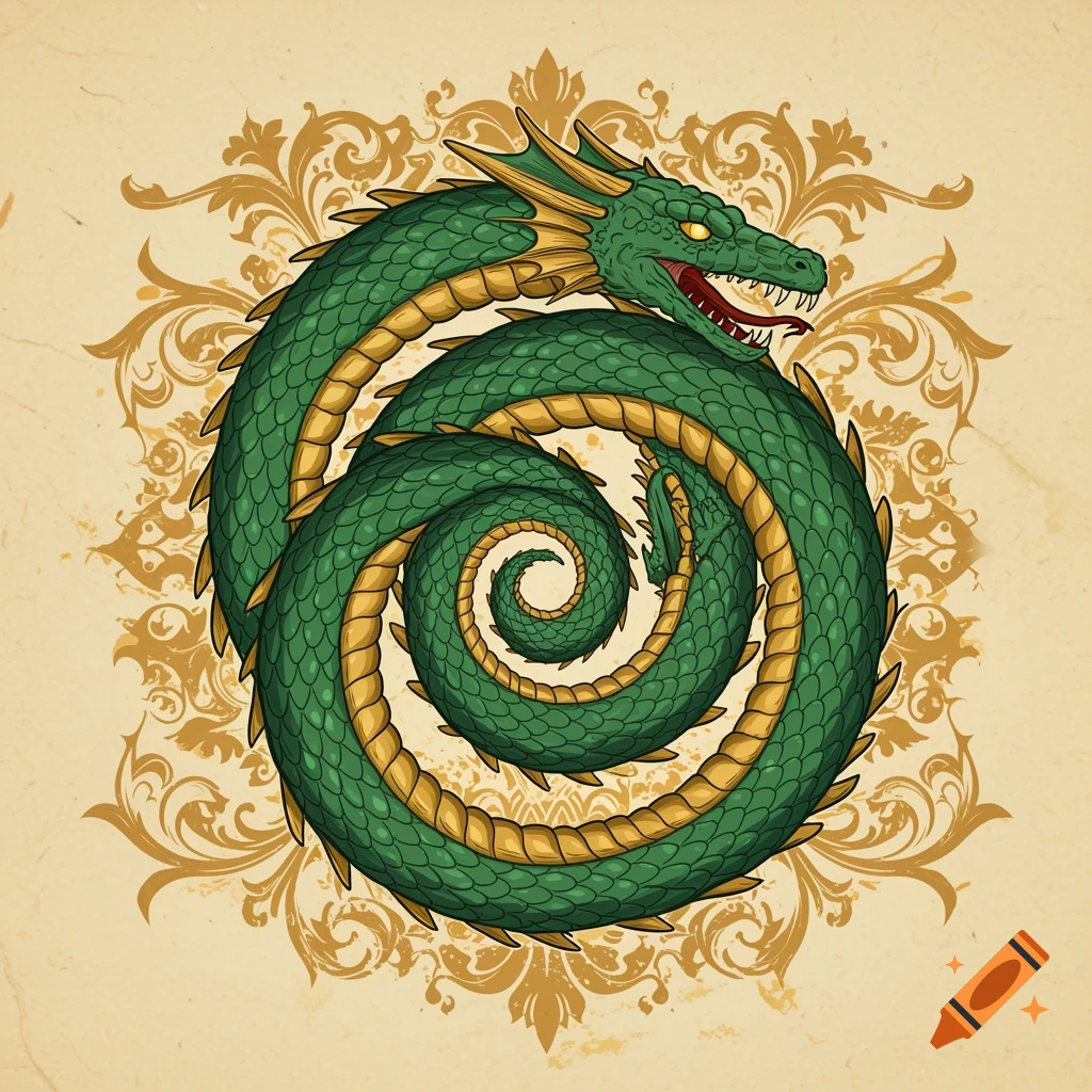 A green and gold dragon in an Ouroboros coil against an ornate gold and beige background, in an illustrative style.