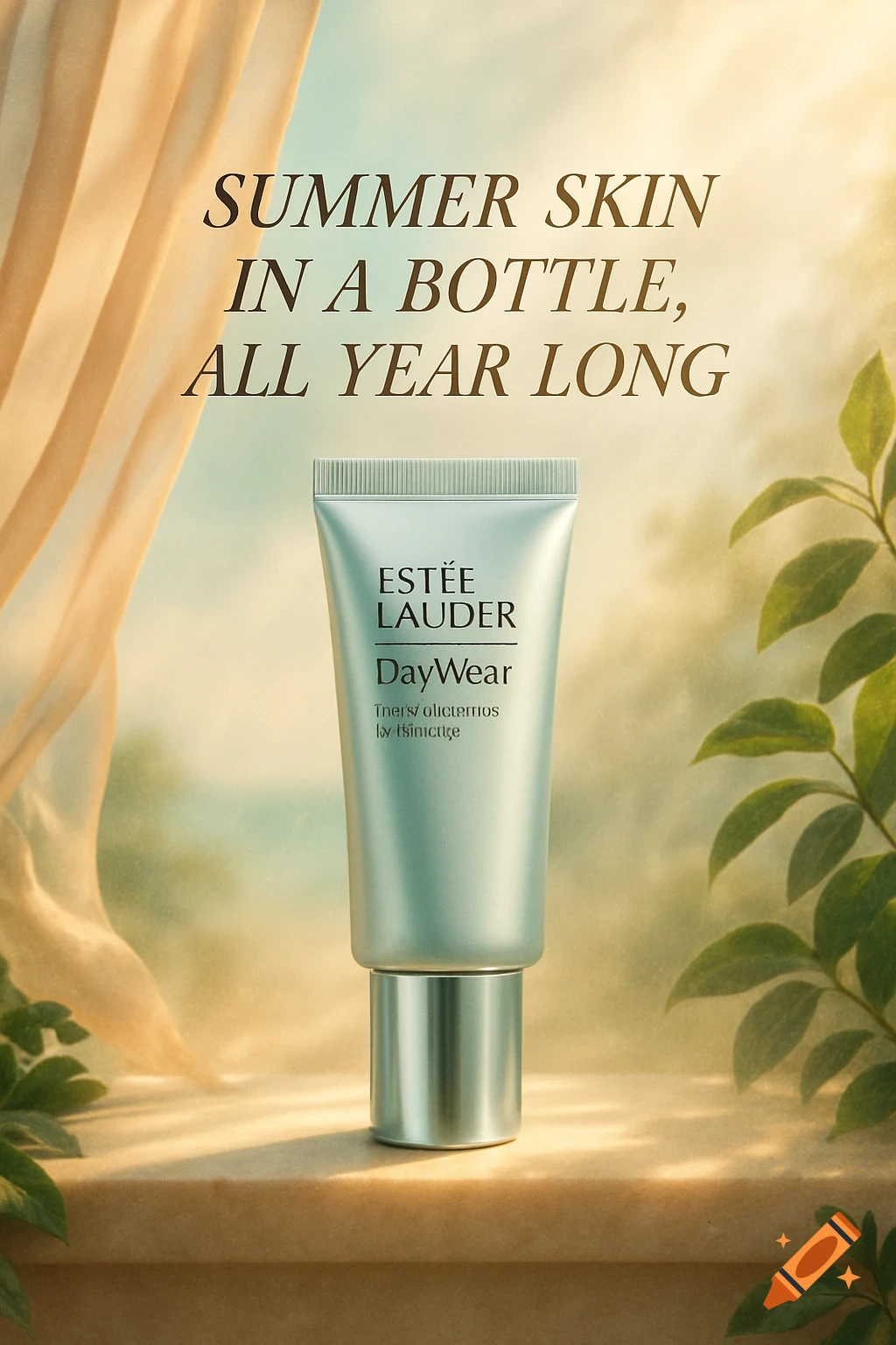 A luxury ad for Est ée Lauder DayWear skincare, featuring a light blue tube with text on a stone ledge, surrounded by a sheer curtain and green leaves, with the tagline "SUMMER SKIN IN A BOTTLE, ALL YEAR LONG" above it.