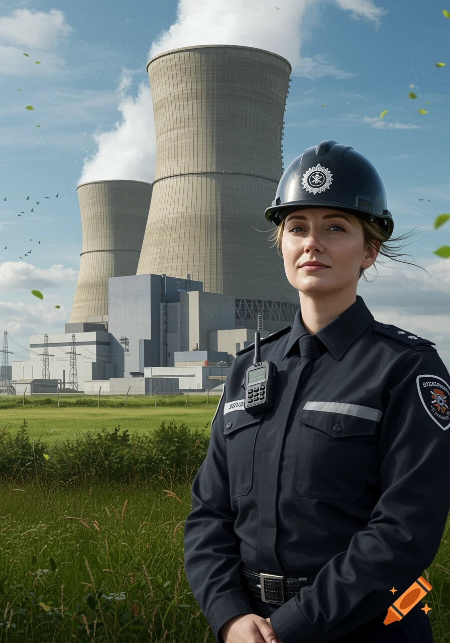 Photorealistic image of a female security officer in uniform and hard hat in a field, with a nuclear power station in the background.
