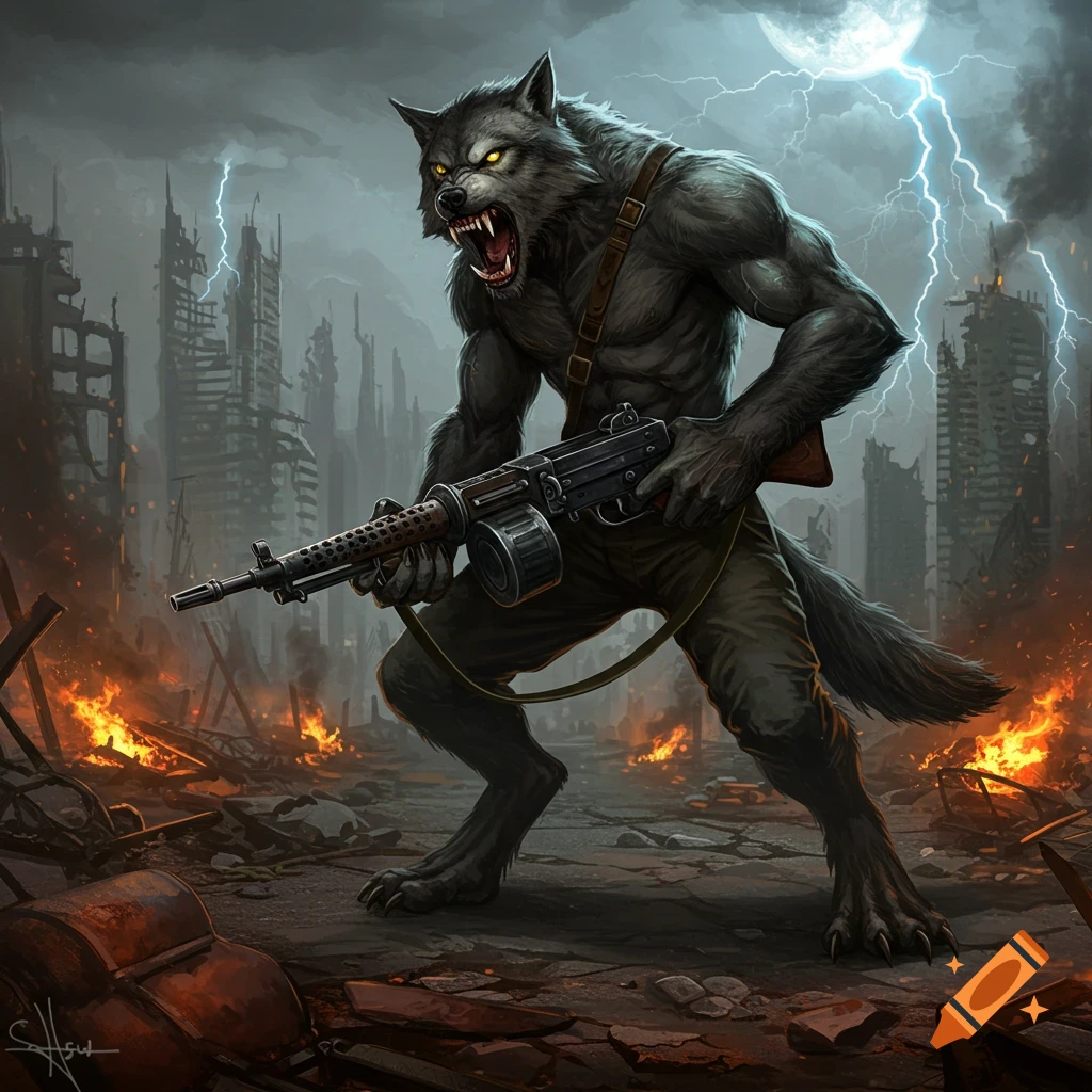 A fierce werewolf with glowing eyes holds a machine gun in a burning, ruined city under a stormy, lightning-filled sky and full moon.
