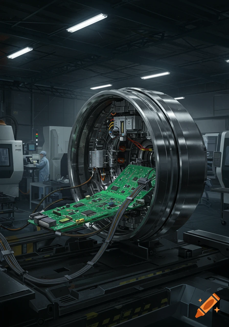 A detailed view of a large, circular piece of machinery with a green circuit board extending from it, set in a dark industrial factory with engineers.
