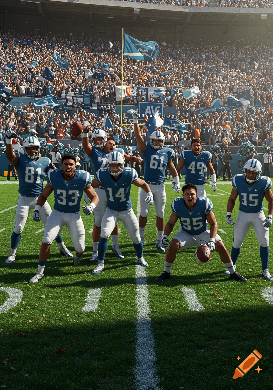 A group of football players in blue and white uniforms celebrate on a field in a crowded stadium during a sunny day.