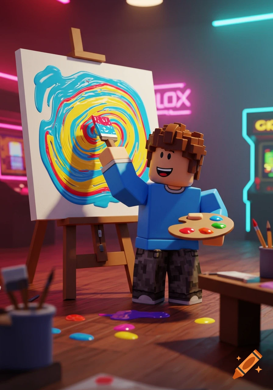 A Roblox character painting a colorful swirl on an easel, holding a palette, in an art studio with neon lights.