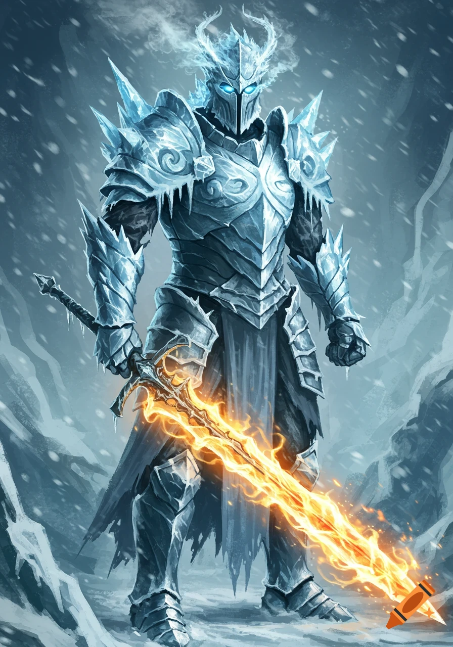 An imposing knight in intricate ice armor stands in a snowy landscape, wielding a blazing, fiery sword.
